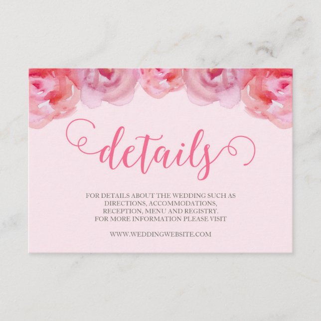 Carte D'accompagnement Aquarelle rose Rose Floral Mariage Détails (Devant)