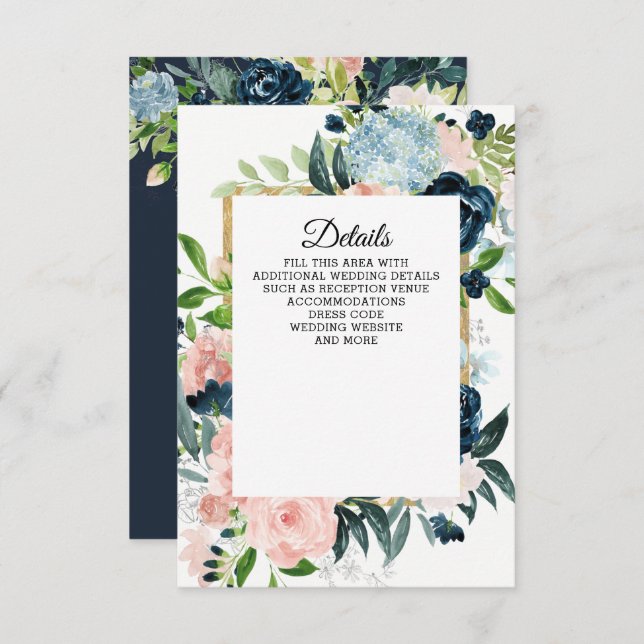 Carte D'accompagnement Aquarelle Rustique Marine Blush or Floral Mariage (Devant / Derrière)