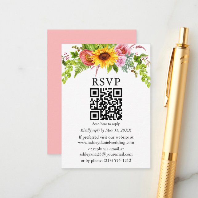 Carte D'accompagnement Aquarelle Tournesol Mariage Floral QR RSVP rose (Devant/Arrière en situation)