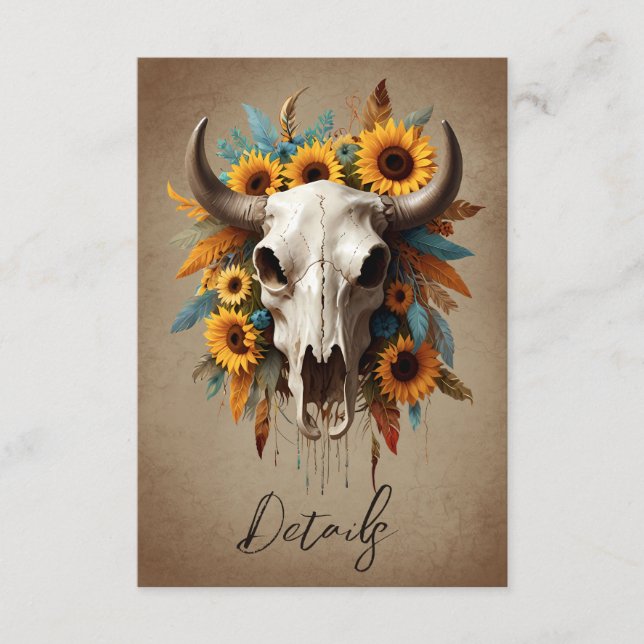 Carte D'accompagnement Aquarelle tournesol Vache Crâne Mariage QR code (Devant)