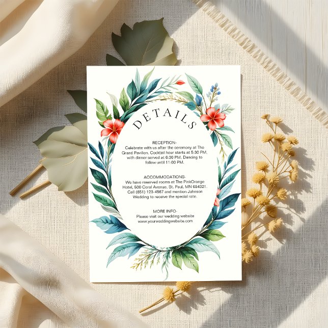 Carte D'accompagnement Aquarelle Tropical Greenery Wreath Mariage détails (Créateur téléchargé)