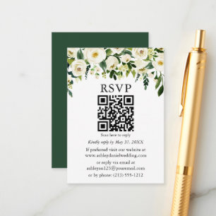 Carte D'accompagnement Aquarelle Vert Blanc Floral QR Wedding RSVP