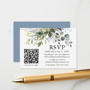 Carte D'accompagnement Aquarelle vert Mariage QR RSVP Dusty Blue