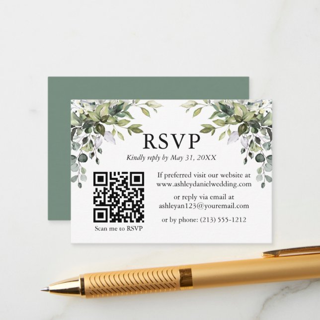 Carte D'accompagnement Aquarelle vert Mariage Sage vert RSVP QR (Devant/Arrière en situation)