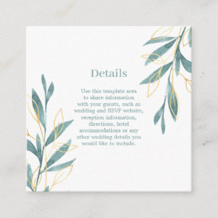 Carte D'accompagnement Aquarelle verte dorée Détails du Mariage Floral