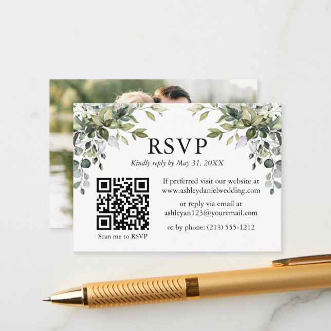Carte D'accompagnement Aquarelle verte Photo QR RSVP Mariage (Devant/Arrière en situation)
