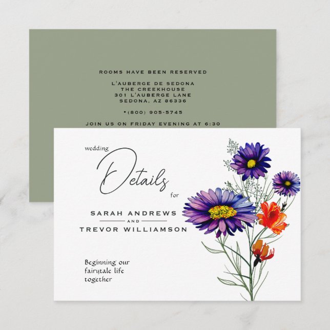 Carte D'accompagnement Aquarelle Vibrant Orange et violet Fleurs sauvages (Devant / Derrière)