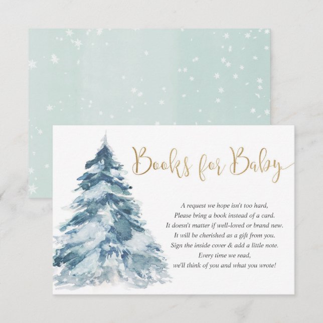 Carte D'accompagnement Arbre de Noël et livres de neige pour baby shower  (Devant / Derrière)