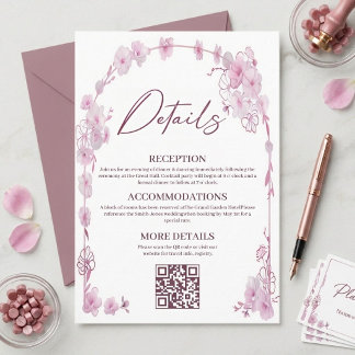 Carte D'accompagnement Arc floral élégant à l'orchidée rose pour mariage