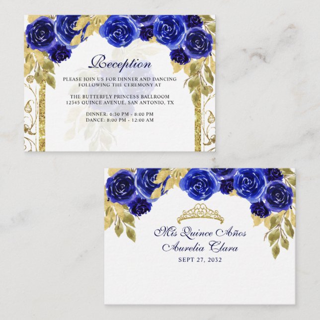 Carte D'accompagnement Arc Floral Royal Bleu Or Quinceañera (Devant / Derrière)