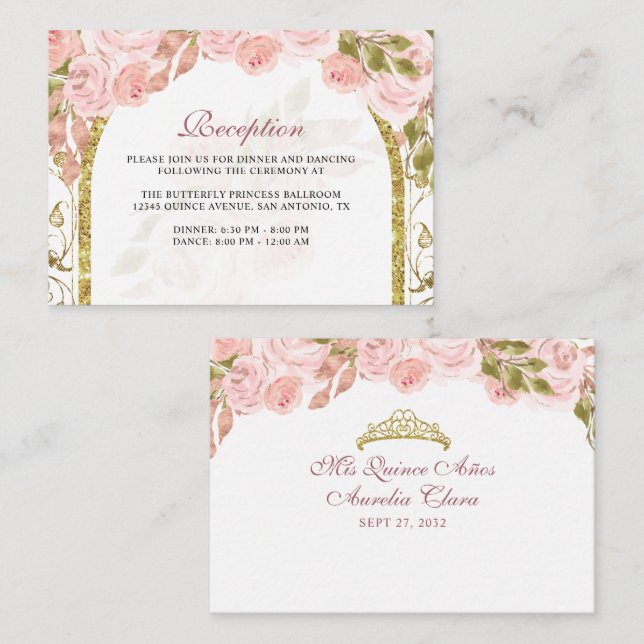 Carte D'accompagnement Arche en or rose floral Quinceañera (Devant / Derrière)