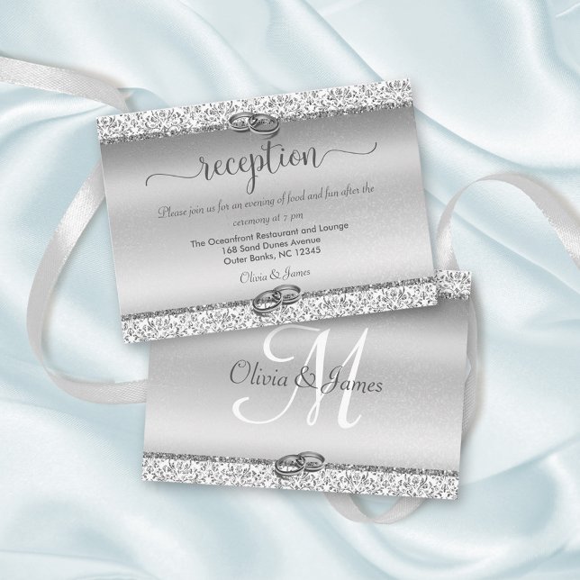 Carte D'accompagnement Argent Damask Élégante Réception De Mariage (Créateur téléchargé)