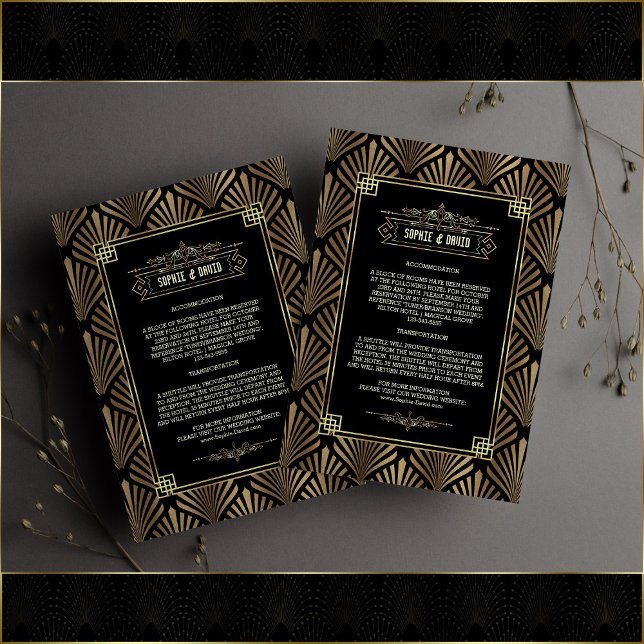 Carte D'accompagnement Art Déco Black Gold Gatsby 1920s Détails du Mariag (wedding Art Deco details, wedding accommodations card, gold black enclosure card wedding details)