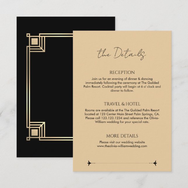 Carte D'accompagnement Art Deco Elegant Gold Frame Wedding Details (Devant / Derrière)