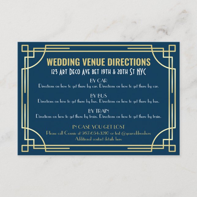 Carte D'accompagnement Art Déco Gold Bleu foncé Mariage Plan d'accès (Devant)