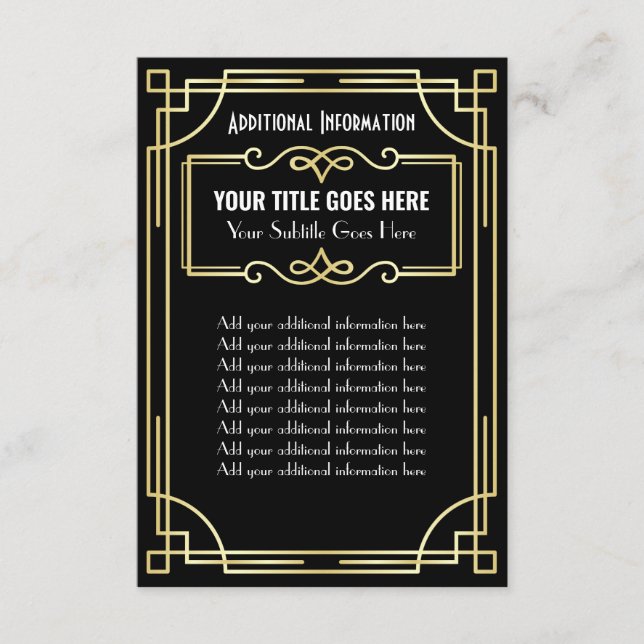 Carte D'accompagnement Art Déco Mariage Gold Noir Informations supplément (Devant)