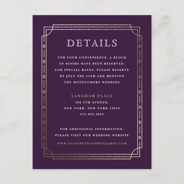 Carte D'accompagnement Art Déco Moderne Plum Gold Foil Mariage Détails (Devant)