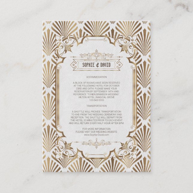 Carte D'accompagnement Art Déco White Gold Gatsby 20s Détails du Mariage (Devant)