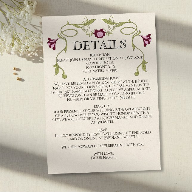Carte D'accompagnement Art Nouveau Burgundy Pink Flowers Green Wedding (Créateur téléchargé)