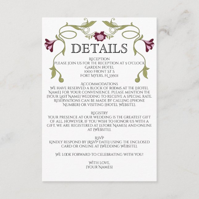 Carte D'accompagnement Art Nouveau Burgundy Pink Flowers Green Wedding (Devant)