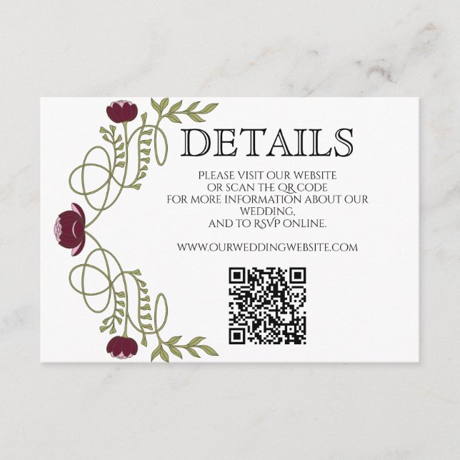 Carte D'accompagnement Art Nouveau Burgundy Pink Wedding Details Website  (Devant)
