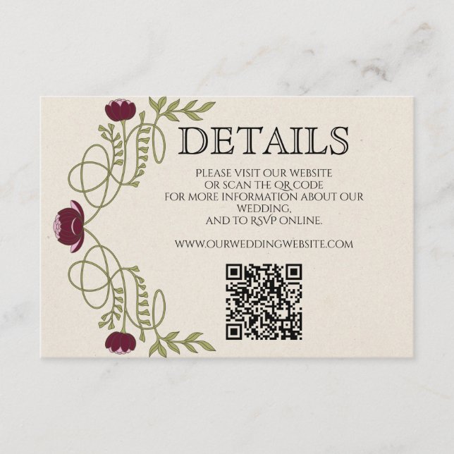 Carte D'accompagnement Art Nouveau Burgundy Pink Wedding Details Website  (Devant)