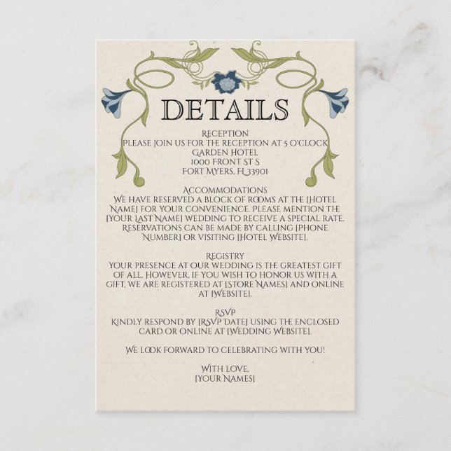Carte D'accompagnement Art Nouveau Dusty Blue Navy Flowers Green Wedding (Devant)