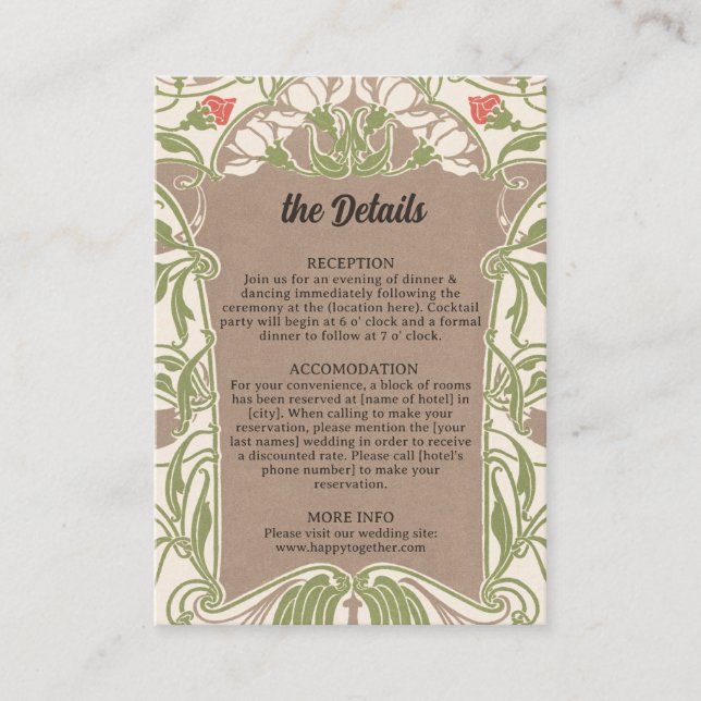 Carte D'accompagnement Art Nouveau Floral Elegance Mariage Détails (Devant)