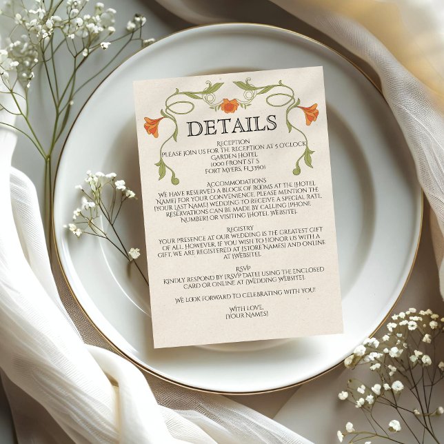 Carte D'accompagnement Art Nouveau Orange Fleurs Green Mariage Détails (Créateur téléchargé)