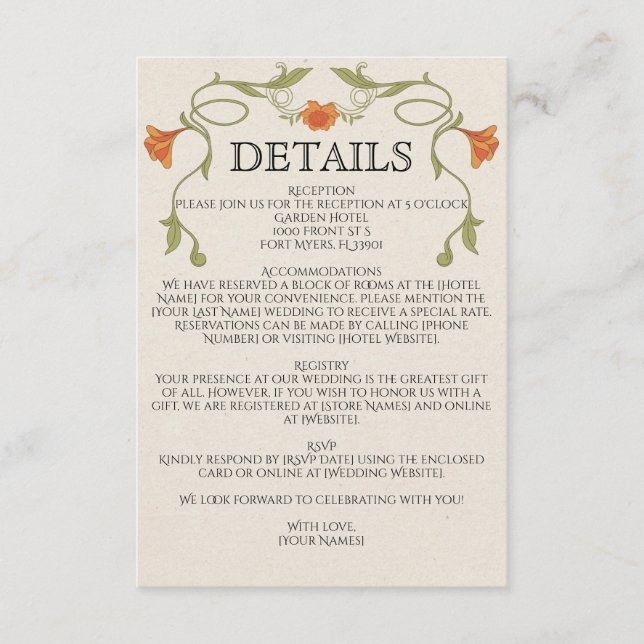 Carte D'accompagnement Art Nouveau Orange Flowers Green Wedding Details (Devant)