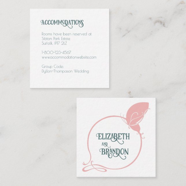 Carte D'accompagnement Art nouveau rose papillon Vintage Hébergements (Devant / Derrière)