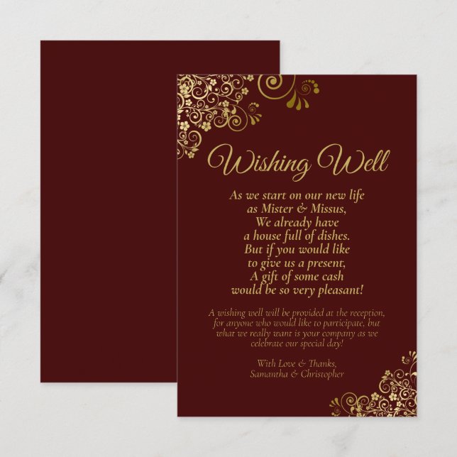 Carte D'accompagnement Auburn & Gold Lace Mariage Wishing Well Poem (Devant / Derrière)
