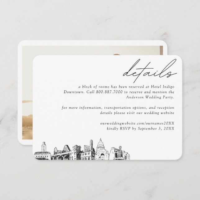 Carte D'accompagnement Austin Mariage Hotel Détails du bloc de chambre (Devant / Derrière)