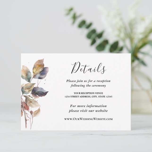 Carte D'accompagnement Automne Bleu Or Feuilles Rouges Aquarelle Mariage (Debout devant)