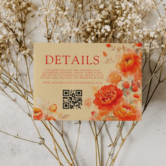 Carte D'accompagnement Automne Brûlé Orange Floral Qr Code Détails du Mar (Créateur téléchargé)
