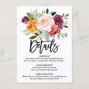 Carte D'accompagnement Automne Burgundy Blush Floral Détails du Mariage