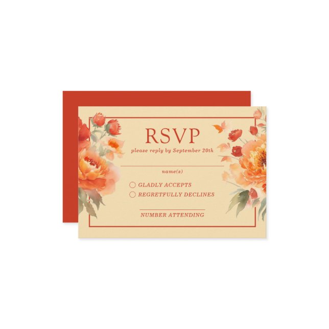 Carte D'accompagnement Automne Burnt Orange Floral Wedding RSVP (Devant/Arrière en situation)