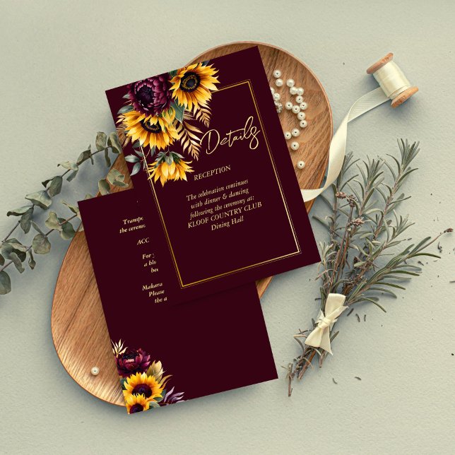 Carte D'accompagnement Automne été bordeaux tournesols détails mariages (Fall summer burgundy sunflowers wedding details enclosure card rustic wedding invitations)