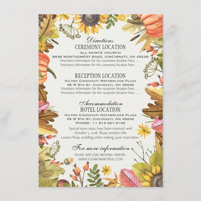 Carte D'accompagnement Automne Feuilles Mariage Citrouille Détails Inform (Devant)