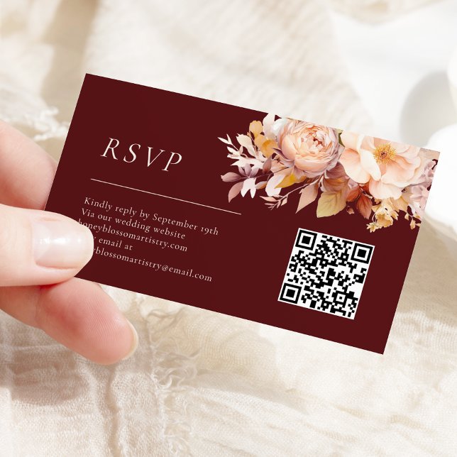 Carte D'accompagnement Automne Floral Bourgogne Crème Mariage QR Code RSV (Créateur téléchargé)
