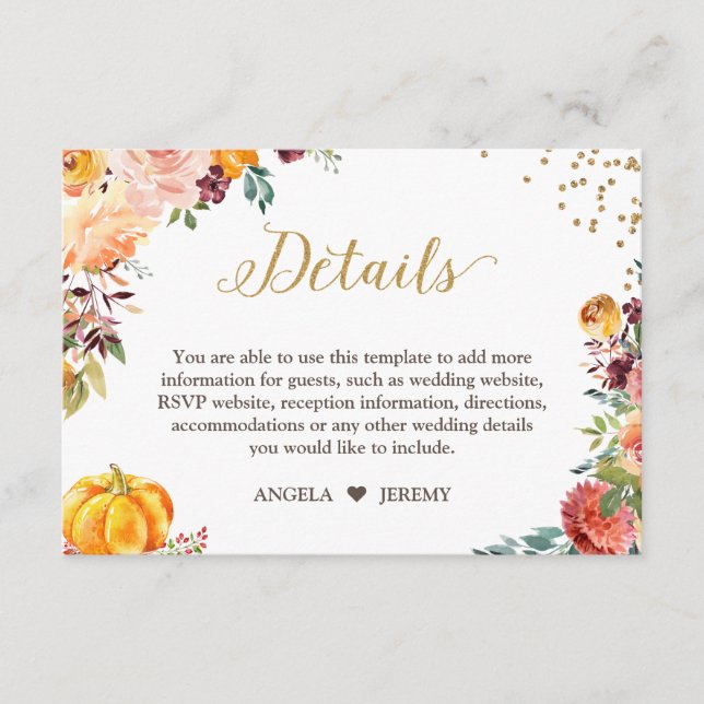 Carte D'accompagnement Automne Floral Citrouille Gold Détails Mariage (Devant)