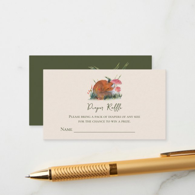 Carte D'accompagnement Autumn Sleepy Fox Diaper Raffle Tickets Enfermé (Devant/Arrière en situation)