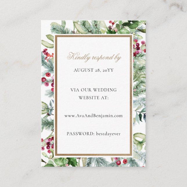 Carte D'accompagnement Ava Gold Christmas & Greenery Site Mariage RSVP (Devant)
