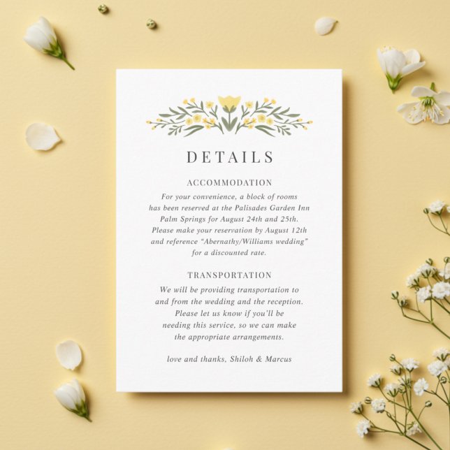 Carte D'accompagnement Avalon Beurre Jaune Floral Détails du Mariage (Créateur téléchargé)