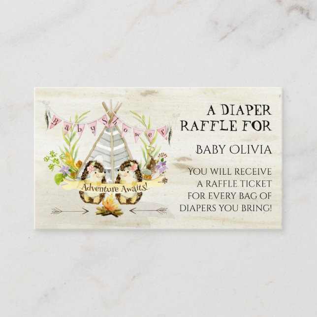 Carte D'accompagnement Aventure Pink Girl Hérisson Teepee Diaper Raffle (Devant)
