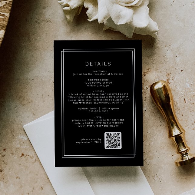 Carte D'accompagnement AVERA Modern Black QR Code Détails du Mariage (AVERY Modern Black QR Code Wedding Details Enclosure Card)
