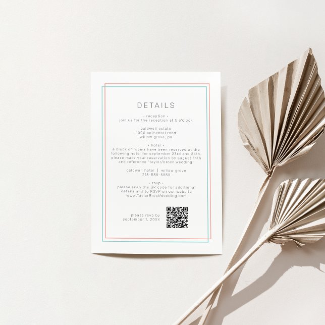 Carte D'accompagnement AVERA Modern Coral Turquoise QR Code Détails du Ma (AVERY Modern Coral Teal QR Code Wedding Details Enclosure Card)
