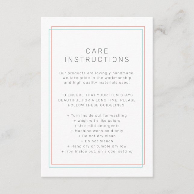 Carte D'accompagnement AVERY Coral and Teal Product Care Instructions (Devant)