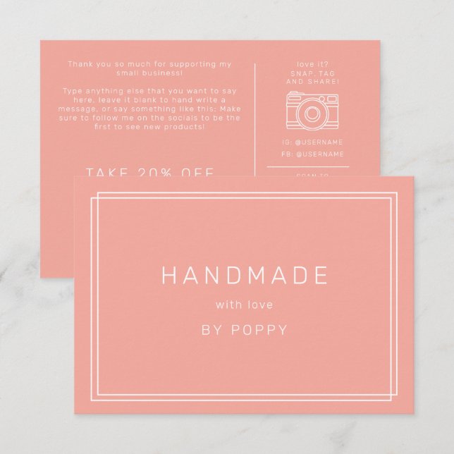 Carte D'accompagnement AVERY Minimal Blush Peach Remerciement Commande Fa (Devant / Derrière)