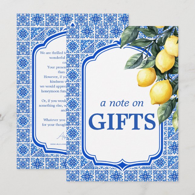 Carte D'accompagnement 💙🍋 Azul & Limone Romance Note sur les Cadeaux (Devant / Derrière)